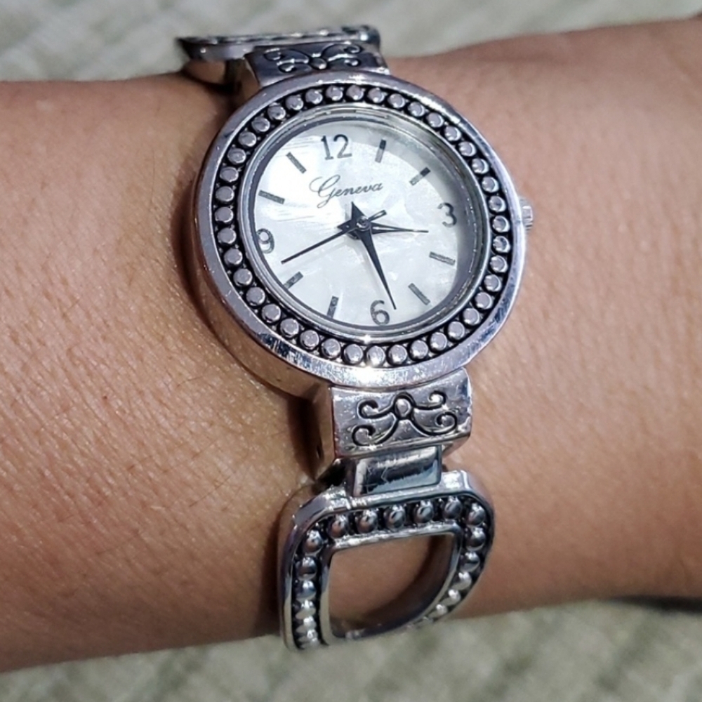Vintage Geneva Silver Watch with Embellished Band Womens